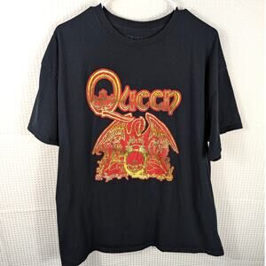 Queen Band T-Shirt XL Black Red Yellow Crest Logo Official Merch Rock Music Tee